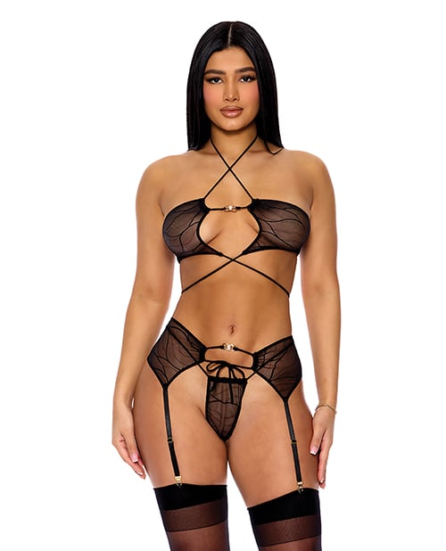 Forplay - Pull My Strings Mesh Bra, Garter &amp; Panty Lingerie Set (Black) - Black