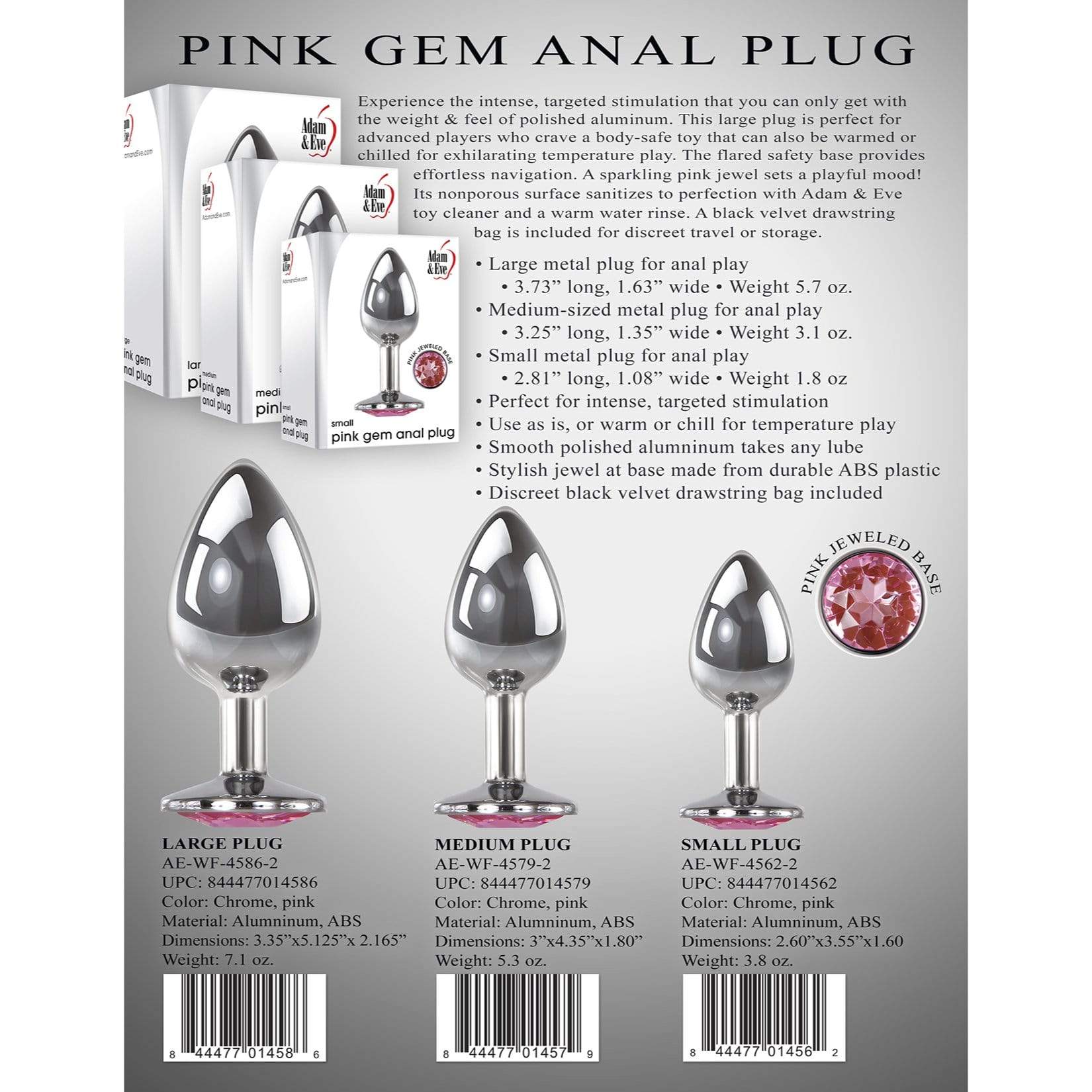 Adam & Eve - Pink Gem Aluminium Anal Plug Medium (Silver) -  Metal Anal Plug (Non Vibration)  Durio.sg