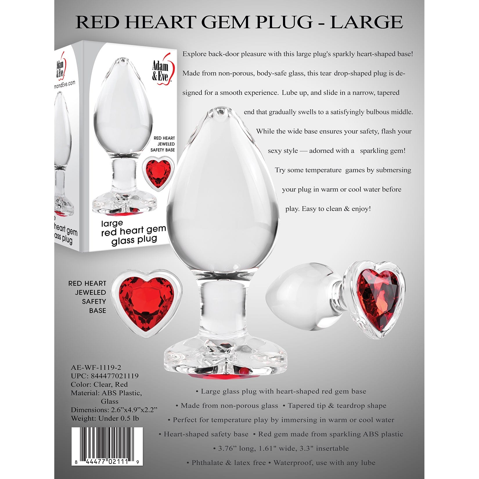 Adam & Eve - Red Heart Gem Glass Anal Plug -  Glass Anal Plug (Non Vibration)  Durio.sg