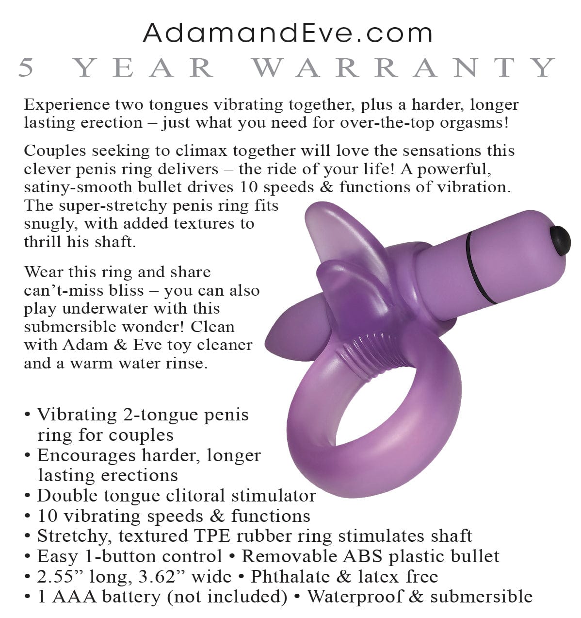Adam & Eve - Vibrating Clitoral Tongue Cock Ring (Purple) -  Rubber Cock Ring (Vibration) Non Rechargeable  Durio.sg