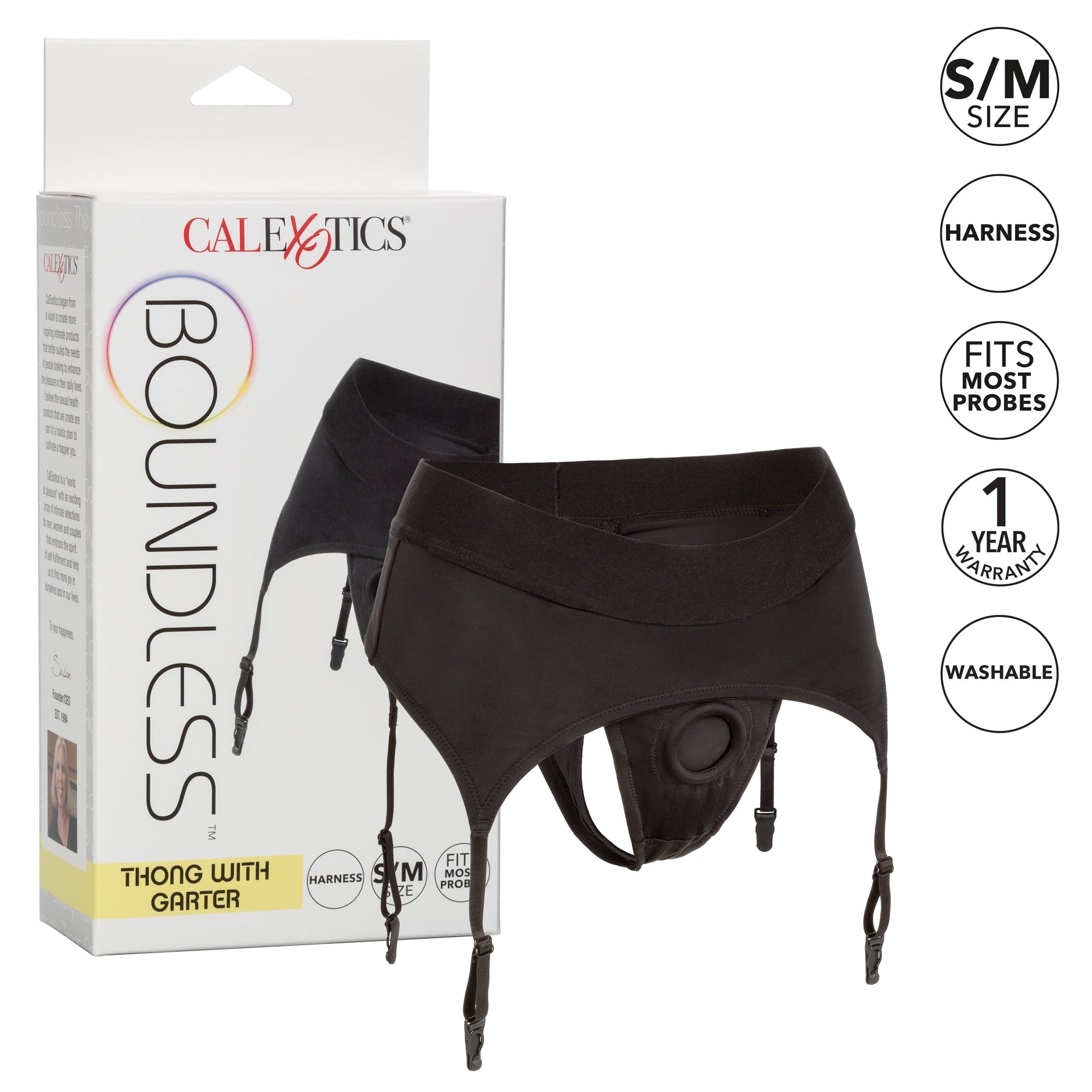 California Exotics - Boundless Thong with Garter Strap On S/M (Black) -  Strap On w/o Dildo  Durio.sg