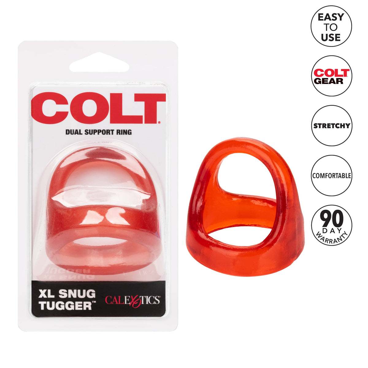 California Exotics - COLT XL Snug Tugger Dual Support Cock Ring (Red) -  Rubber Cock Ring (Non Vibration)  Durio.sg
