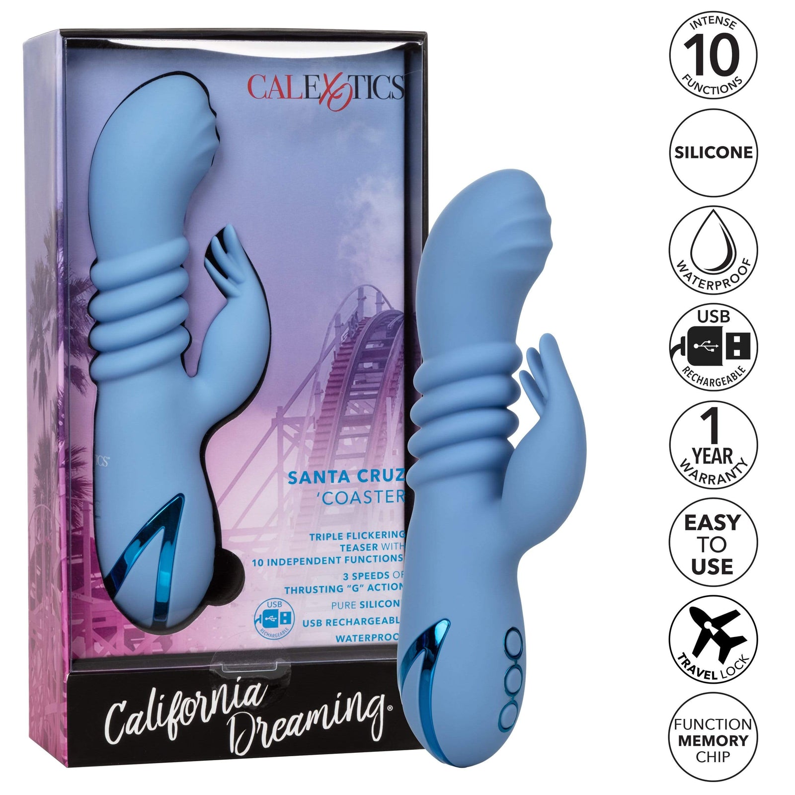 California Exotics - California Dreaming Santa Cruz 'Coaster Rabbit Vibrator (Blue) -  Rabbit Dildo (Vibration) Rechargeable  Durio.sg