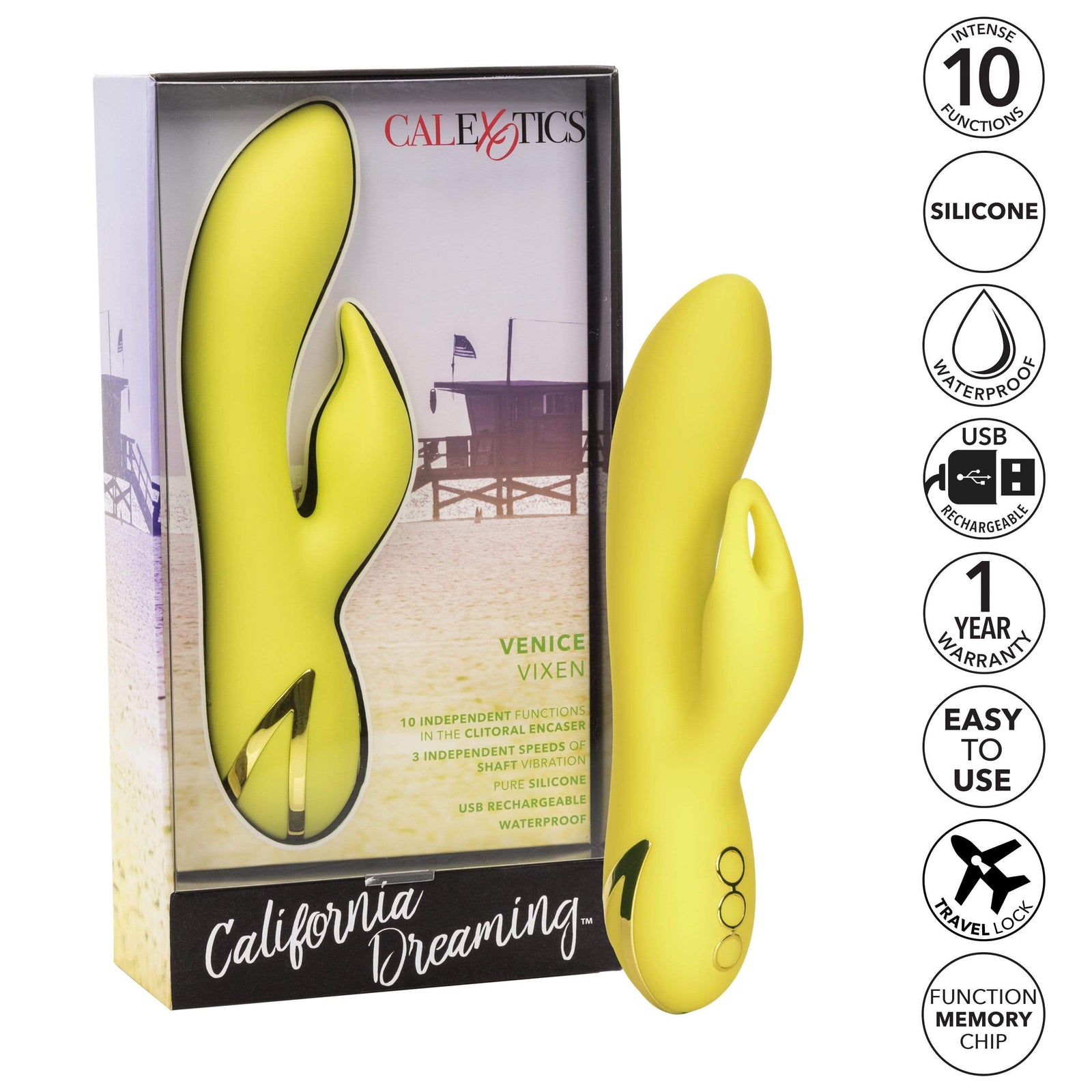 California Exotics - California Dreaming Venice Vixen Rabbit Vibrator (Yellow) -  Rabbit Dildo (Vibration) Rechargeable  Durio.sg