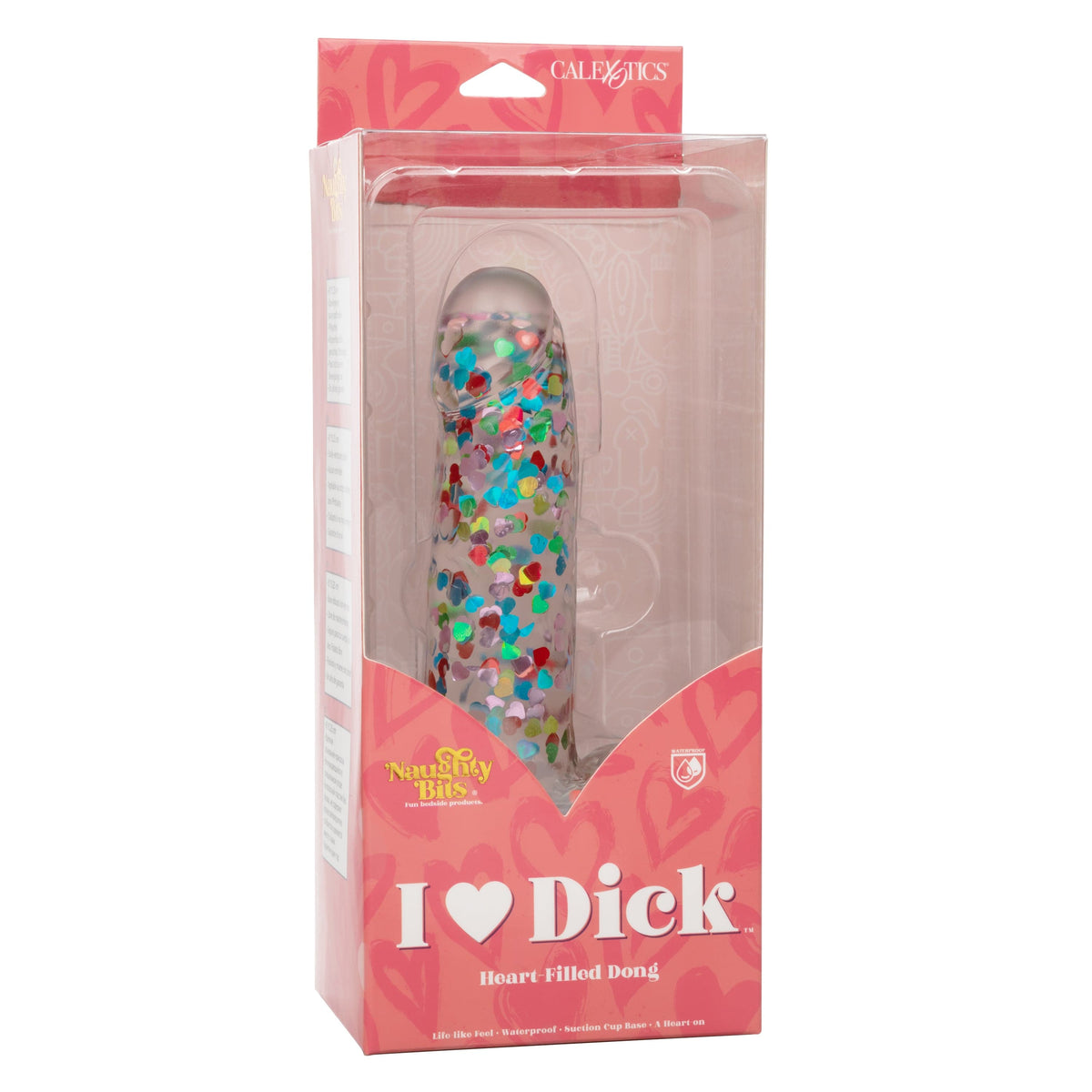 California Exotics - Naughty Bits I Love Dick Heart filled Dong Realistic Dildo with Balls 8" (Clear) -  Clit Massager (Vibration) Rechargeable  Durio.sg