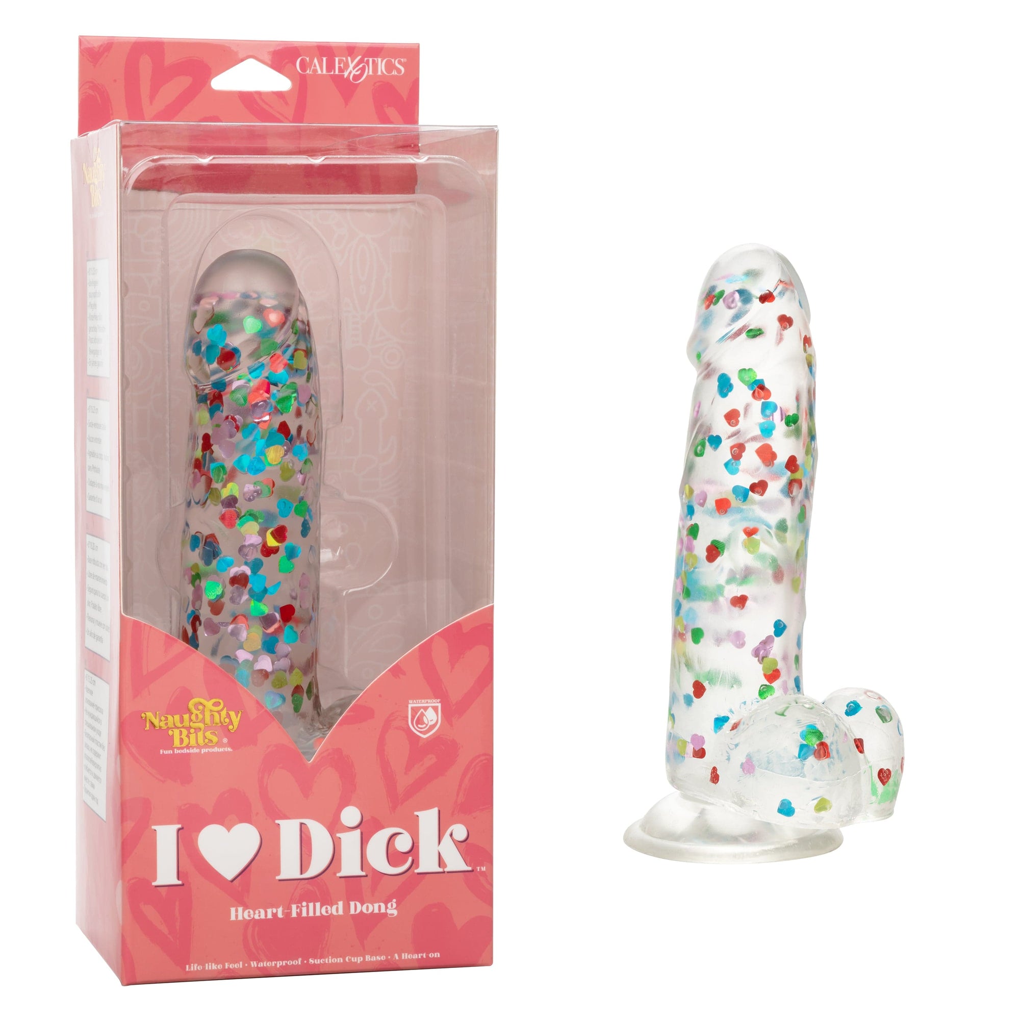 California Exotics - Naughty Bits I Love Dick Heart filled Dong Realistic Dildo with Balls 8" (Clear) -  Clit Massager (Vibration) Rechargeable  Durio.sg