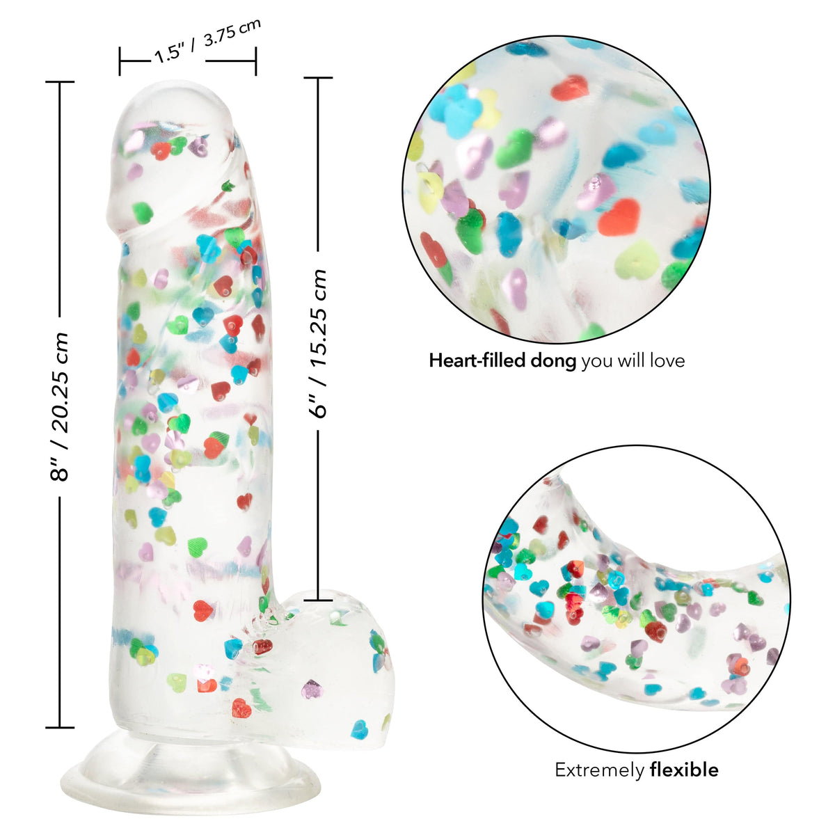California Exotics - Naughty Bits I Love Dick Heart filled Dong Realistic Dildo with Balls 8" (Clear) -  Clit Massager (Vibration) Rechargeable  Durio.sg