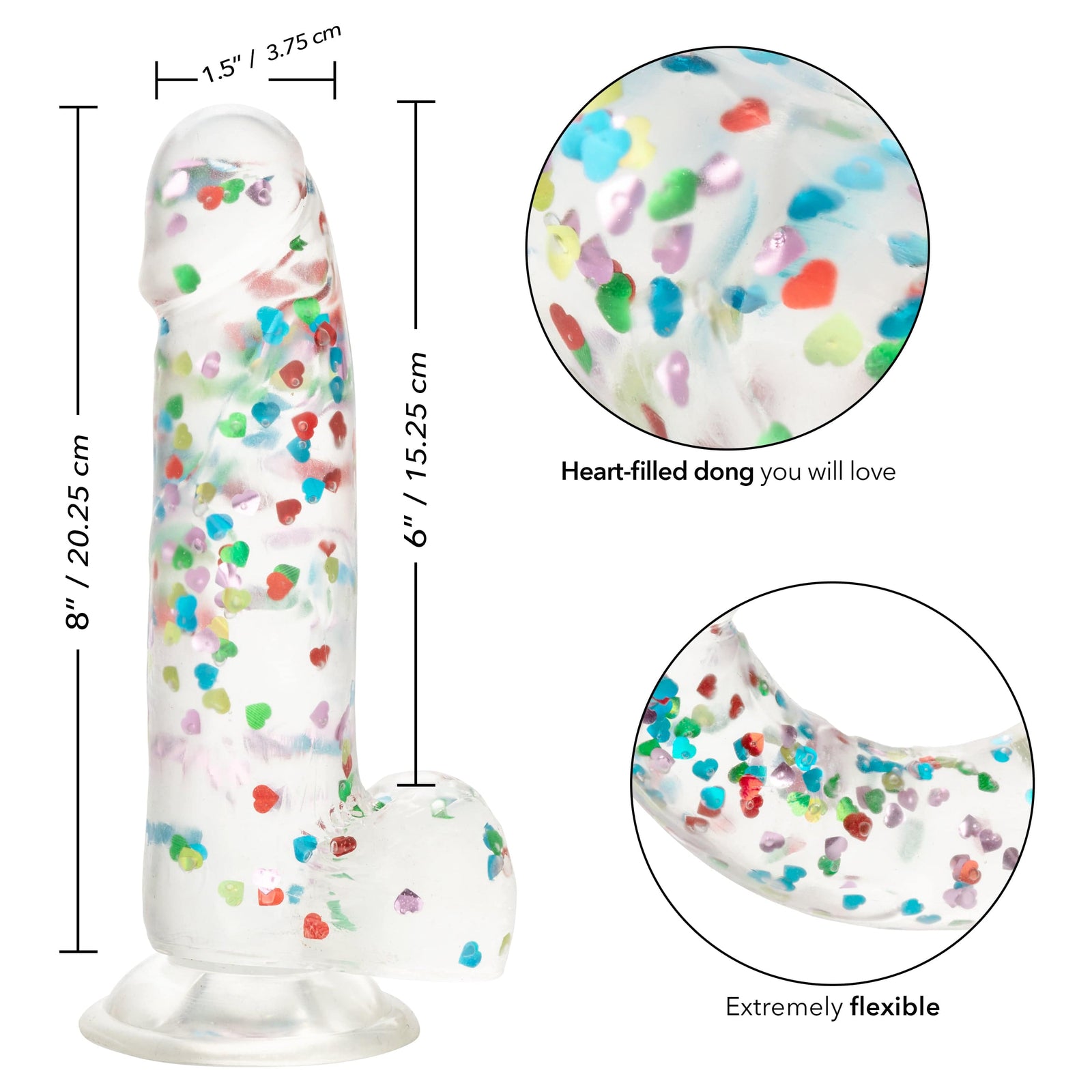 California Exotics - Naughty Bits I Love Dick Heart filled Dong Realistic Dildo with Balls 8" (Clear) -  Clit Massager (Vibration) Rechargeable  Durio.sg