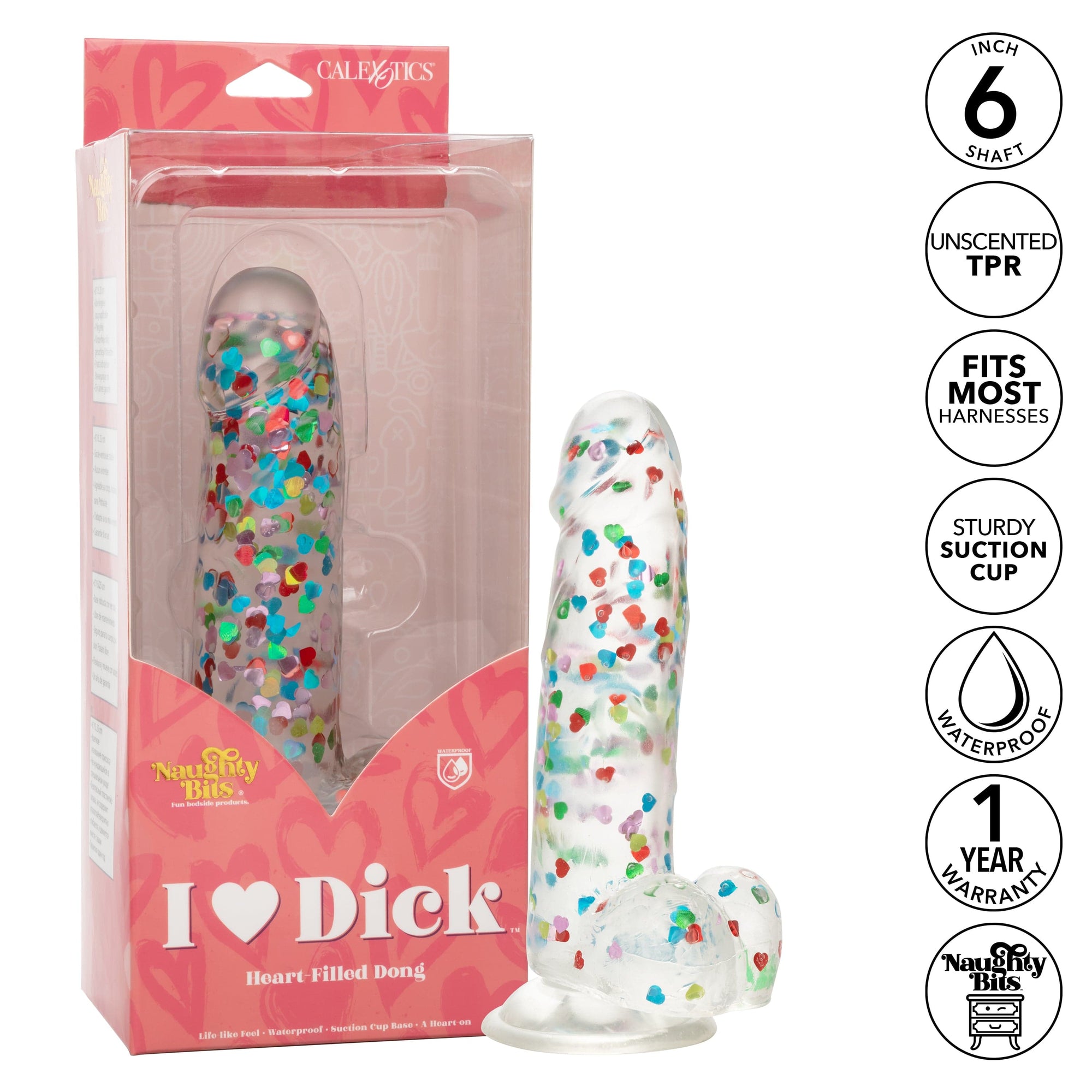 California Exotics - Naughty Bits I Love Dick Heart filled Dong Realistic Dildo with Balls 8" (Clear) -  Clit Massager (Vibration) Rechargeable  Durio.sg