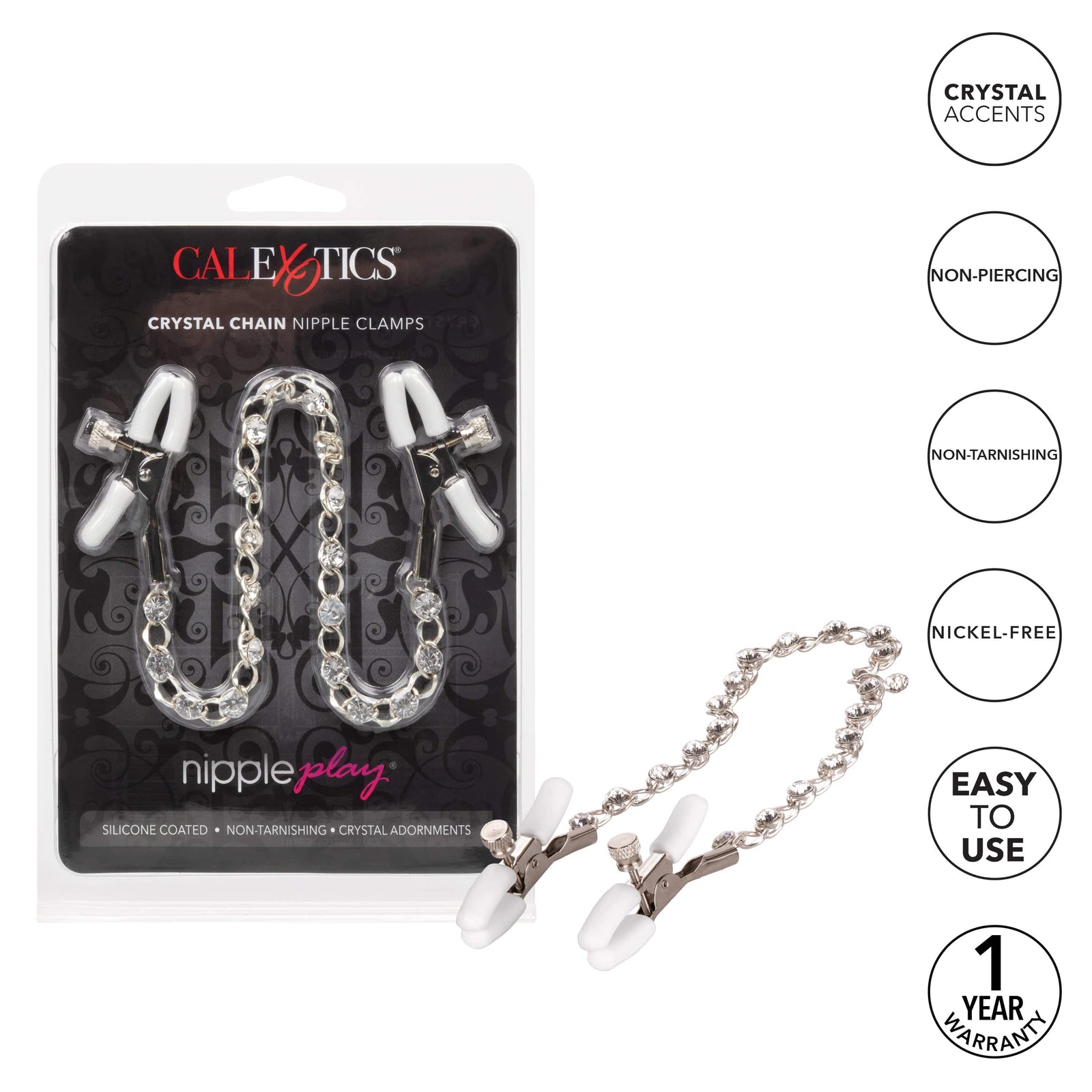 California Exotics - Nipple Play Crystal Chain Nipple Clamps (Silver) -  Nipple Clamps (Non Vibration)  Durio.sg