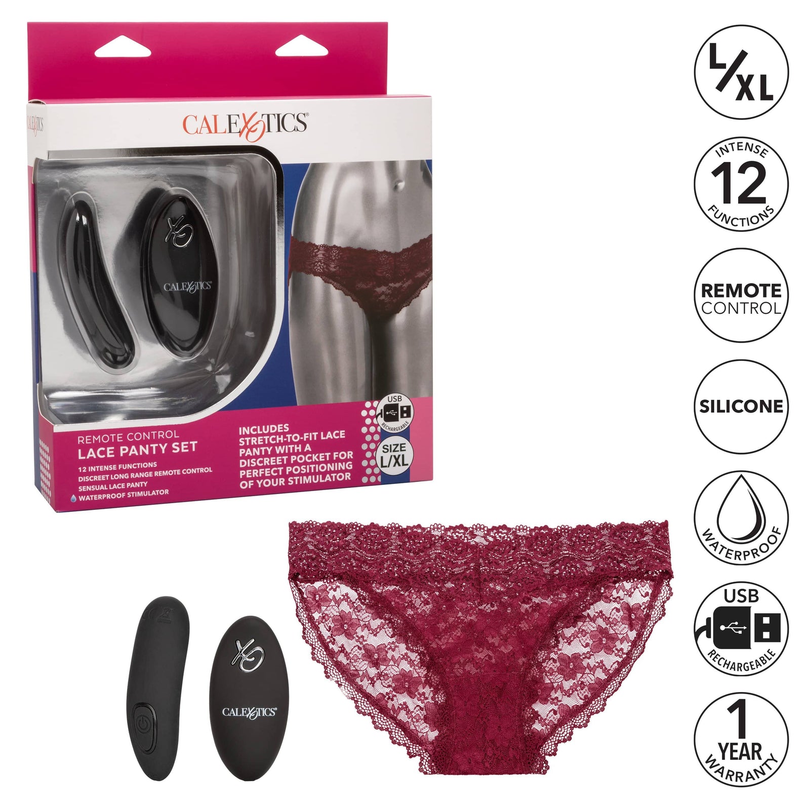 California Exotics - Remote Control Vibrating Lace Panty Set L/XL (Burgundy) -  Panties Massager Remote Control (Vibration) Rechargeable  Durio.sg