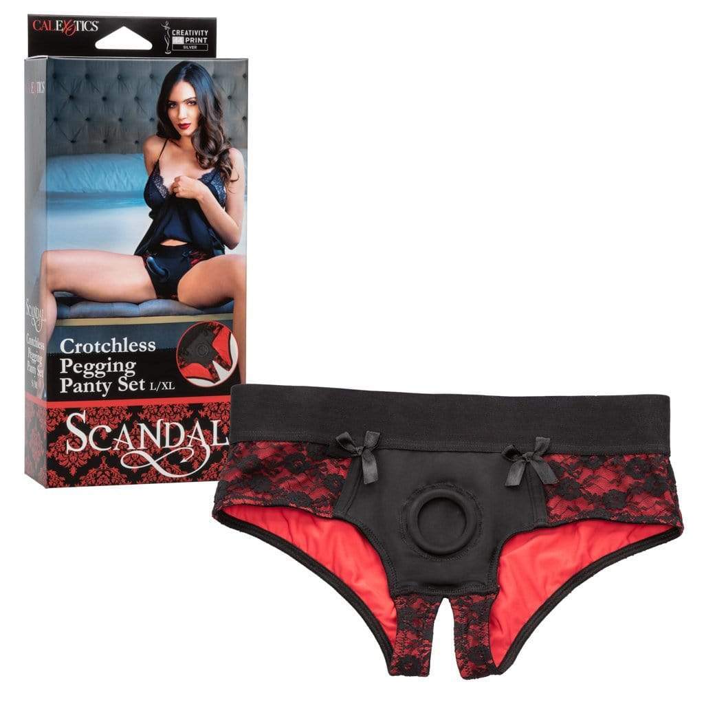 California Exotics - Scandal Crotchless Pegging Panty Set L/XL (Red) -  Strap On with Non hollow Dildo for Female (Non Vibration)  Durio.sg