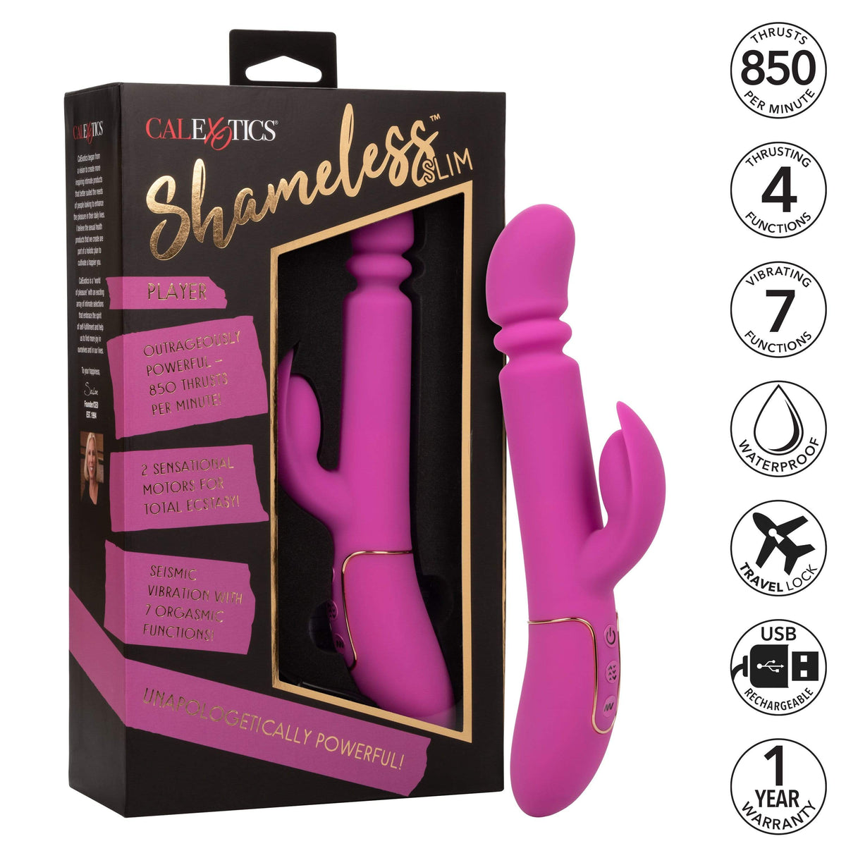 California Exotics - Shameless Slim Player Rabbit Vibrator (Pink) -  Rabbit Dildo (Vibration) Rechargeable  Durio.sg