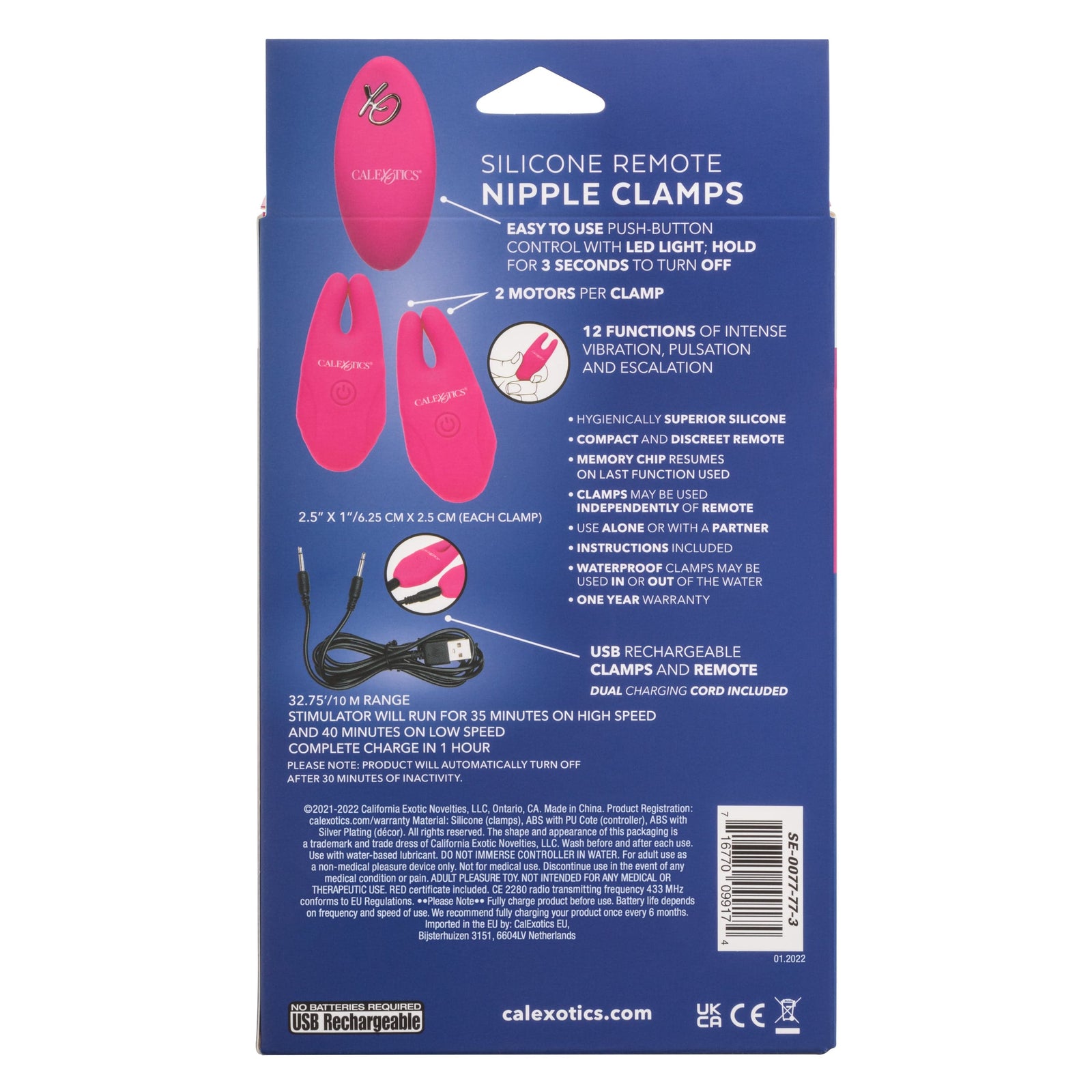 California Exotics - Silicone Remote Control Vibrating Nipple Clamps (Pink) -  Nipple Clamps (Vibration) Rechargeable  Durio.sg