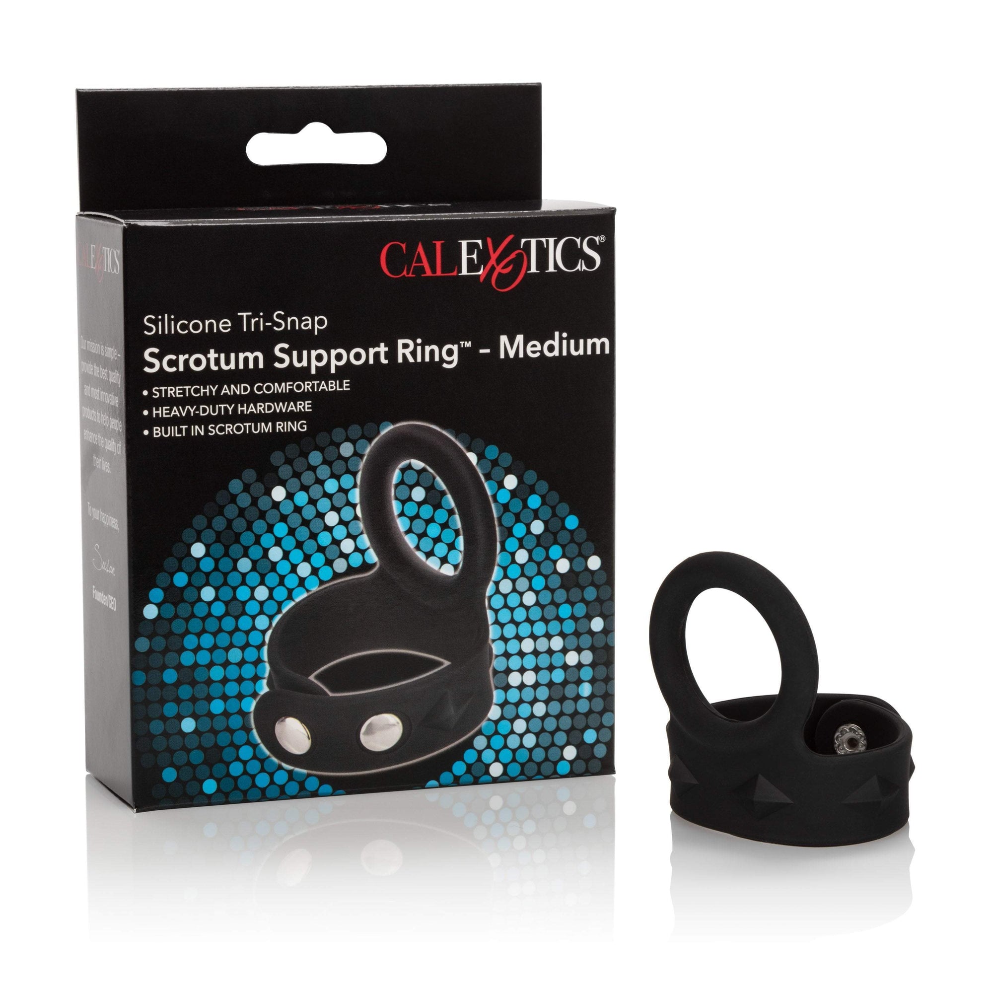 California Exotics - Silicone Tri Snap Scrotum Support Ring Medium (Black) -  Silicone Cock Ring (Non Vibration)  Durio.sg