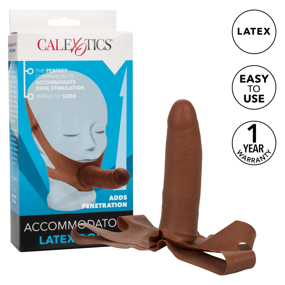 California Exotics - The Original Accommodator Latex Dong Mouth Strap On (Brown) -  Strap On with Non hollow Dildo for Female (Non Vibration)  Durio.sg