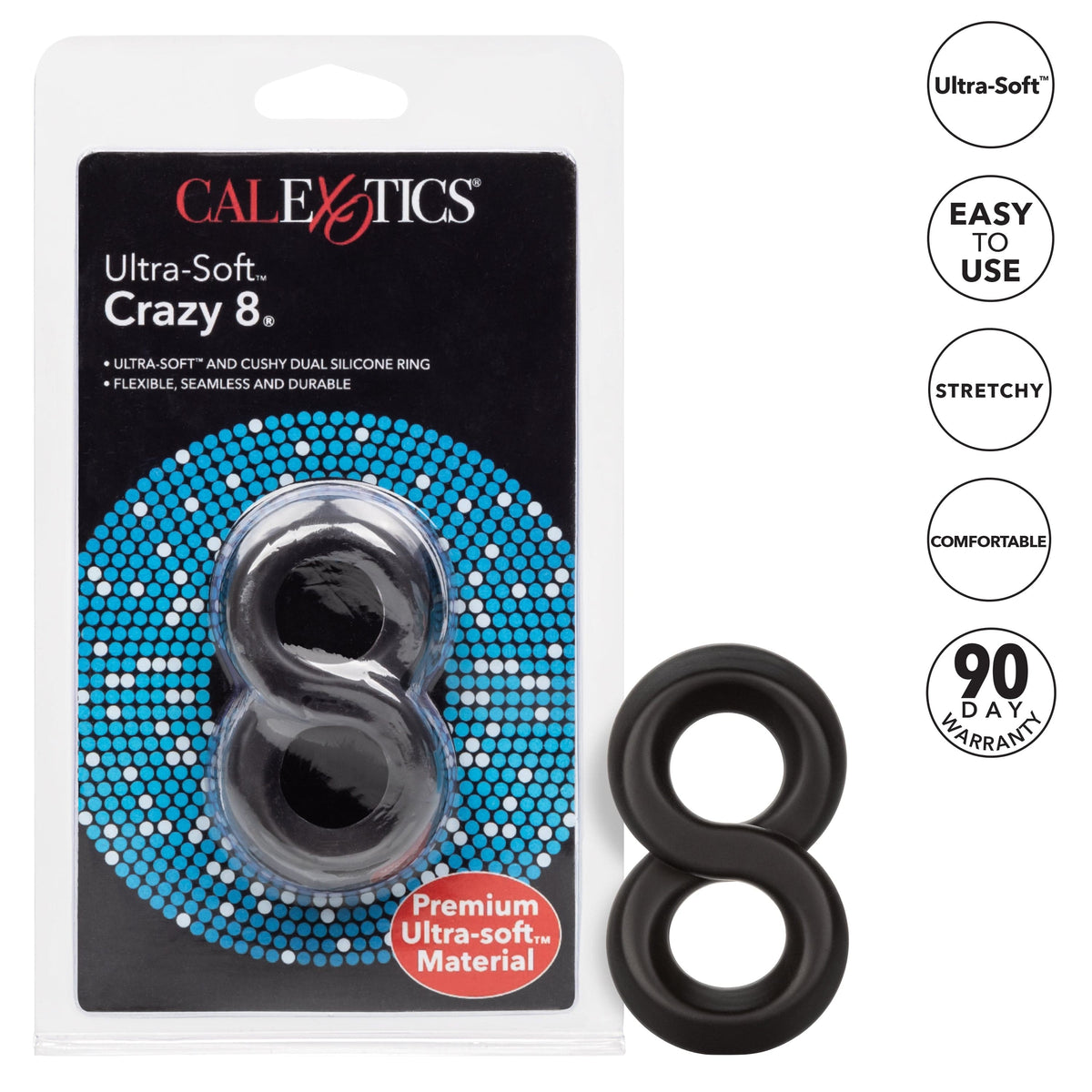 California Exotics - Ultra Soft Crazy 8 Dual Cock Ring (Black) -  Rubber Cock Ring (Non Vibration)  Durio.sg