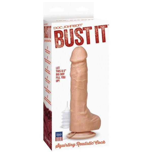 Doc Johnson - Bust It Squirting Realistic 8.5" Cock with Balls (Beige) -  Realistic Dildo with suction cup (Non Vibration)  Durio.sg