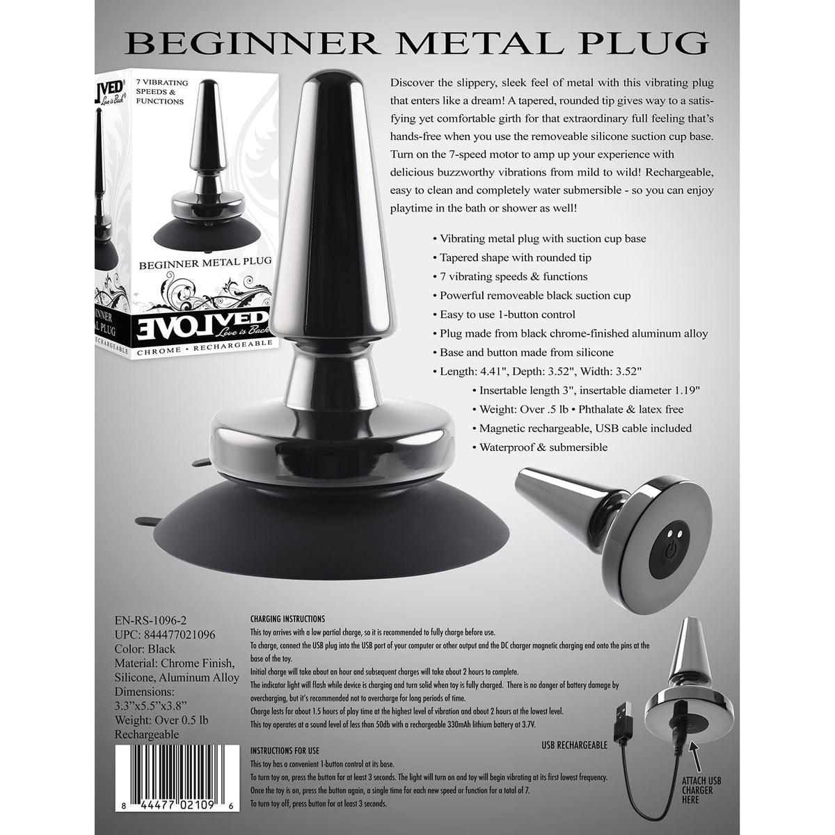 Evolved - Beginners Vibrating Metal Anal Plug with Suction Cup (Black) -  Metal Anal Plug (Vibration) Rechargeable  Durio.sg