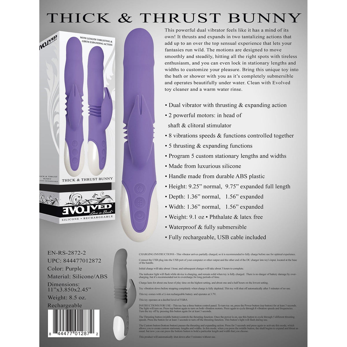Evolved - Thick and Thrust Bunny Silicone Rechargeable Rabbit Vibrator (Purple) -  Rabbit Dildo (Vibration) Rechargeable  Durio.sg