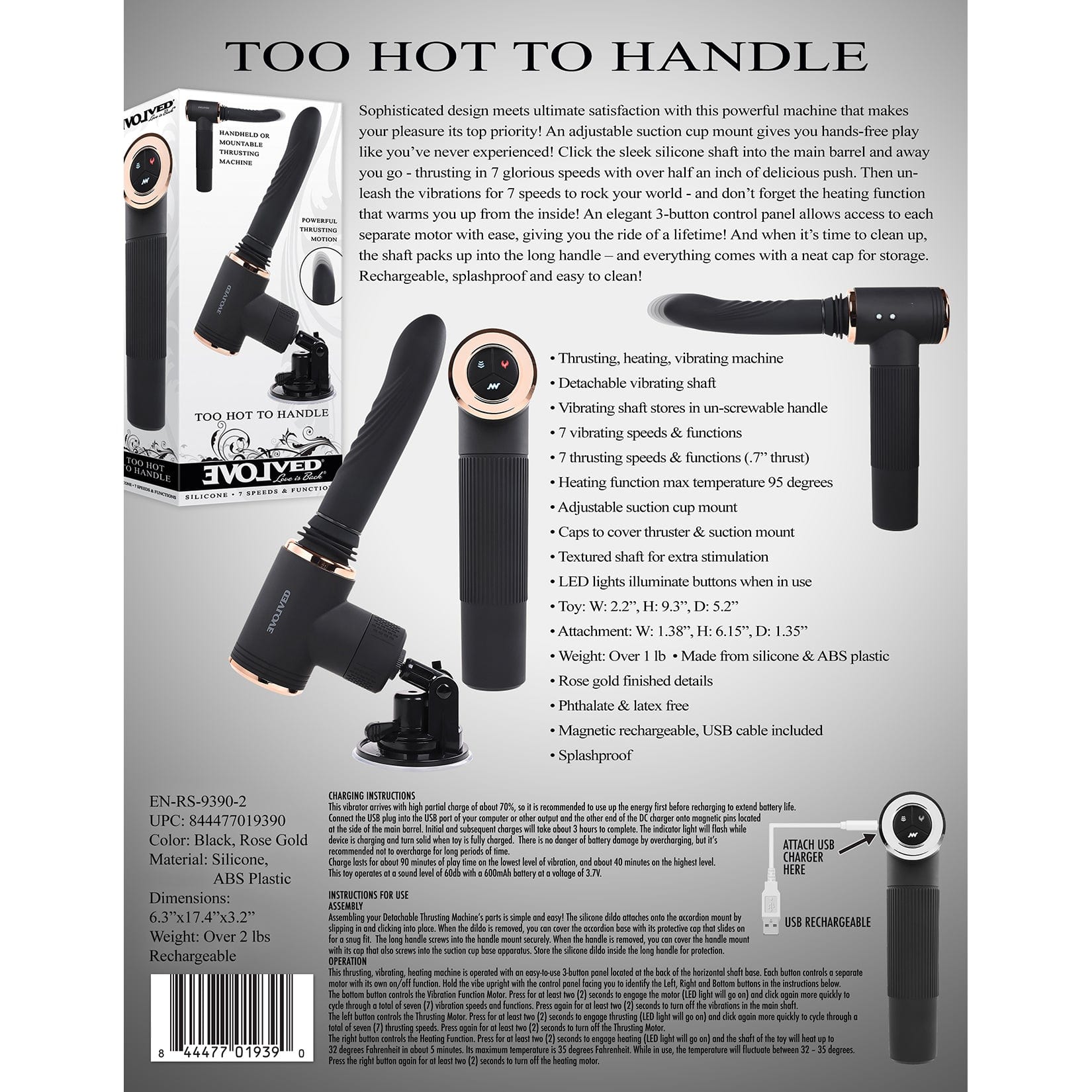 Evolved - Too Hot to Handle Mountable Thrusting Sex Machine (Black) -  Non Realistic Dildo w/o suction cup (Vibration) Rechargeable  Durio.sg