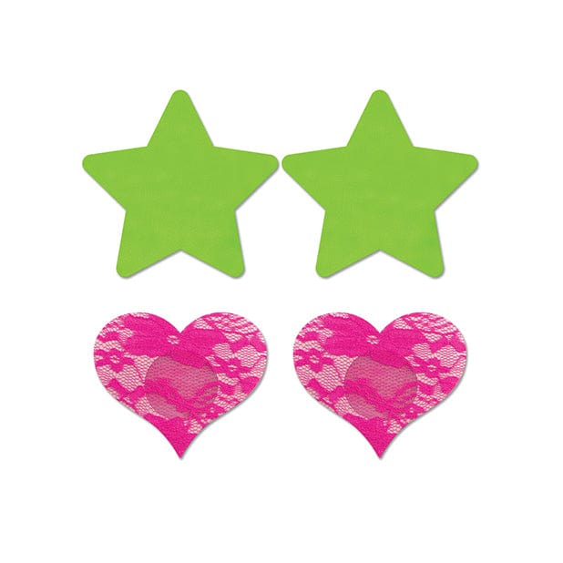 Fantasy Lingerie - Fashion Pasties Set Pack of 2 UV Reactive Neon Star and Lace Heart Pasties O/S (Green/Pink) -  Costumes  Durio.sg