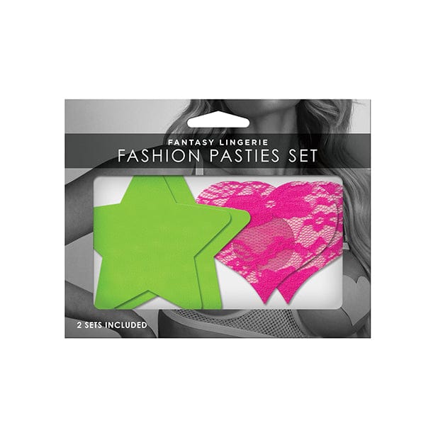 Fantasy Lingerie - Fashion Pasties Set Pack of 2 UV Reactive Neon Star and Lace Heart Pasties O/S (Green/Pink) -  Costumes  Durio.sg