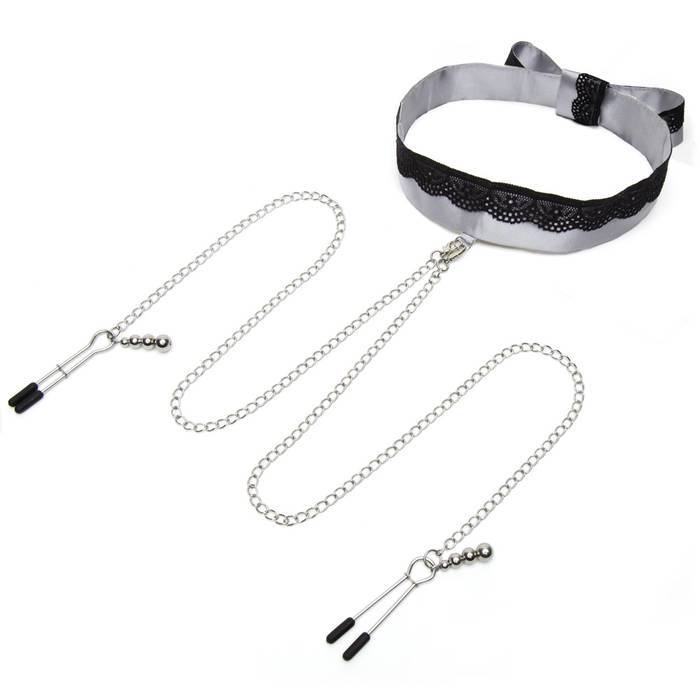 Fifty Shades of Grey - Play Nice Satin &amp; Lace Collar &amp; Nipple Clamps (Grey) -  Nipple Clamps (Non Vibration)  Durio.sg