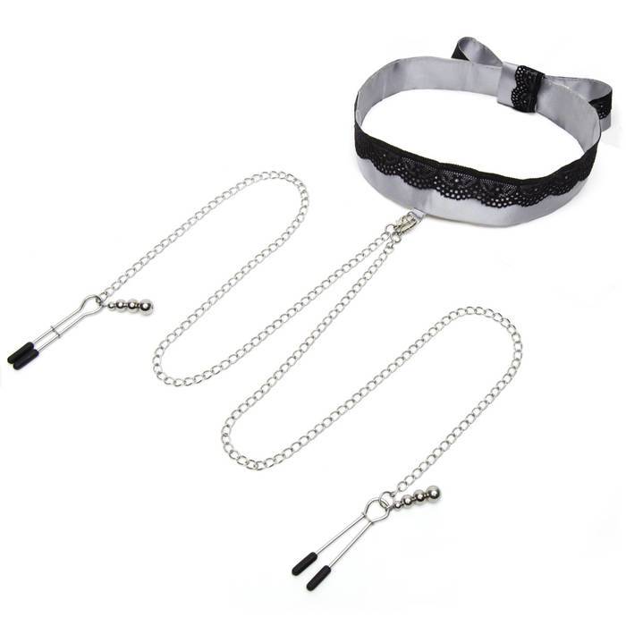 Fifty Shades of Grey - Play Nice Satin & Lace Collar & Nipple Clamps (Grey) -  Nipple Clamps (Non Vibration)  Durio.sg