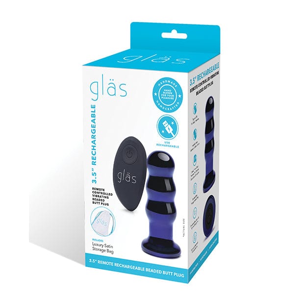 Glas - Remote Control Rechargeable Vibrating Glass Beaded Butt Plug 3.5&quot; (Blue) -  Glass Anal Plug (Vibration) Rechargeable  Durio.sg