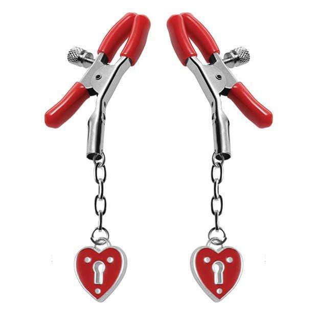 Master Series - Crimson Tied Collection Charmed Heart Padlock Nipple Clamps (Red) -  Nipple Clamps (Non Vibration)  Durio.sg