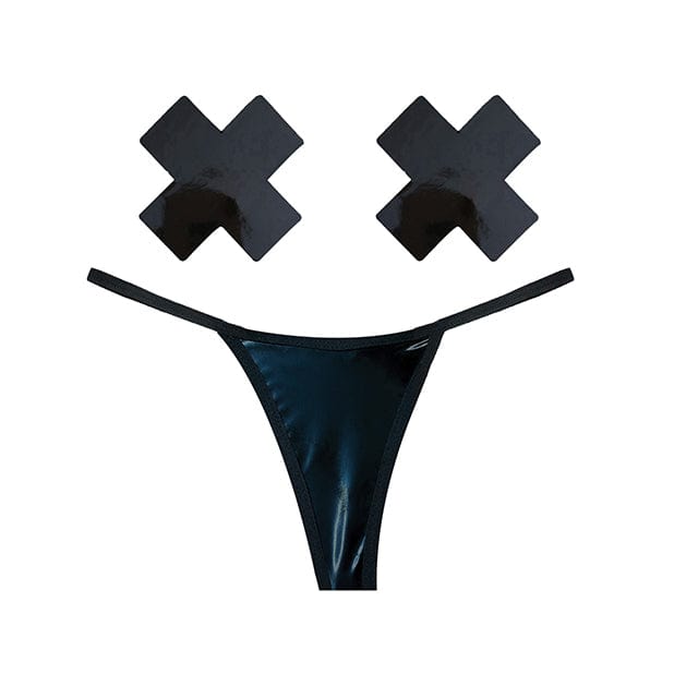 Neva Nude - Naughty Knix Dom Squad Wet Vinyl G String and Pasties Nipple Covers Set O/S (Black) -  Nipple Covers  Durio.sg