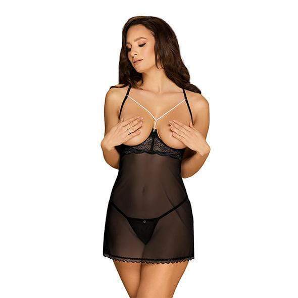 Obsessive - Pearlove Chemise and Thong Set L/XL (Black) -  Chemises  Durio.sg