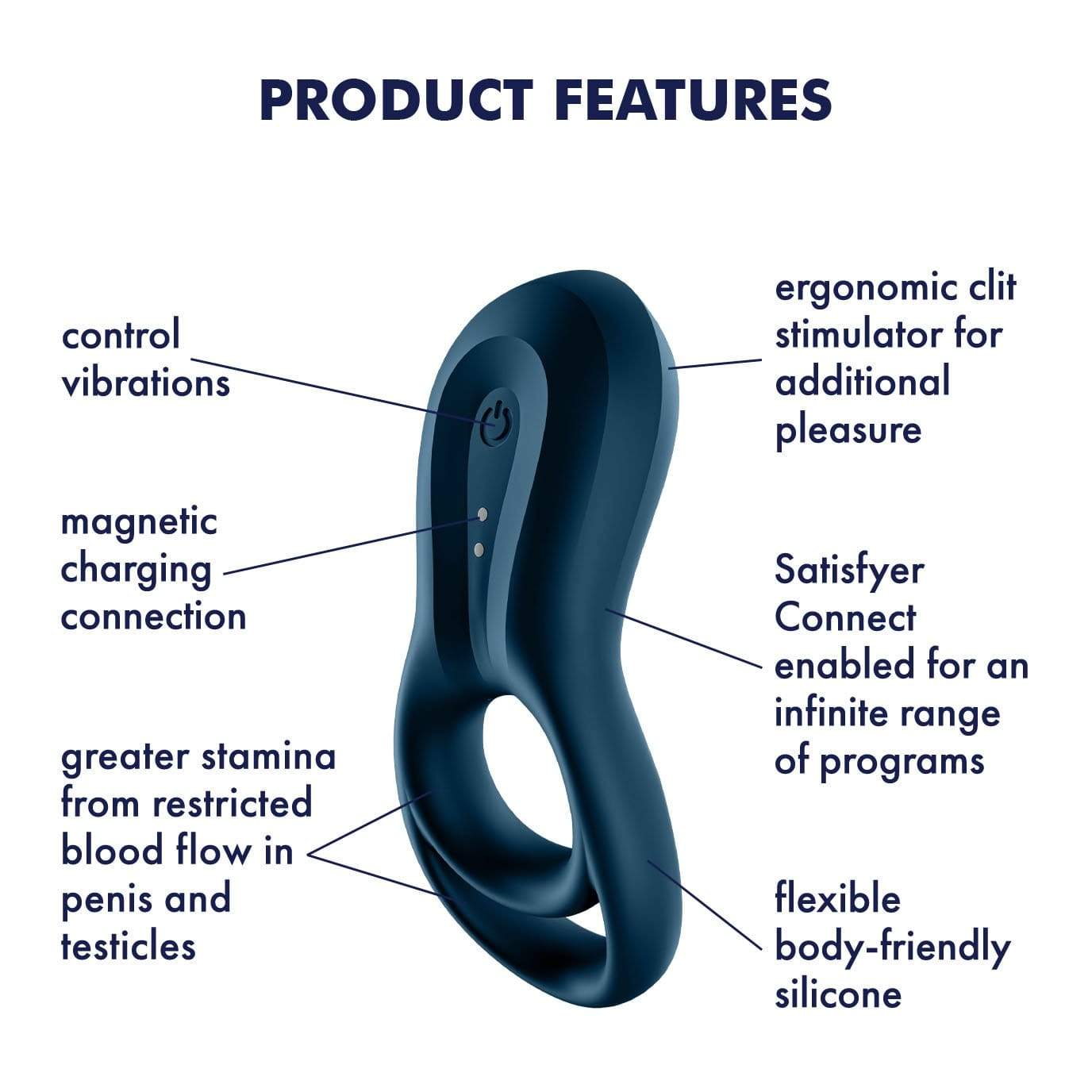 Satisfyer - Epic Duo Bluetooth App-Controlled Silicone Vibrating Cock Ring (Navy) -  Silicone Cock Ring (Vibration) Rechargeable  Durio.sg