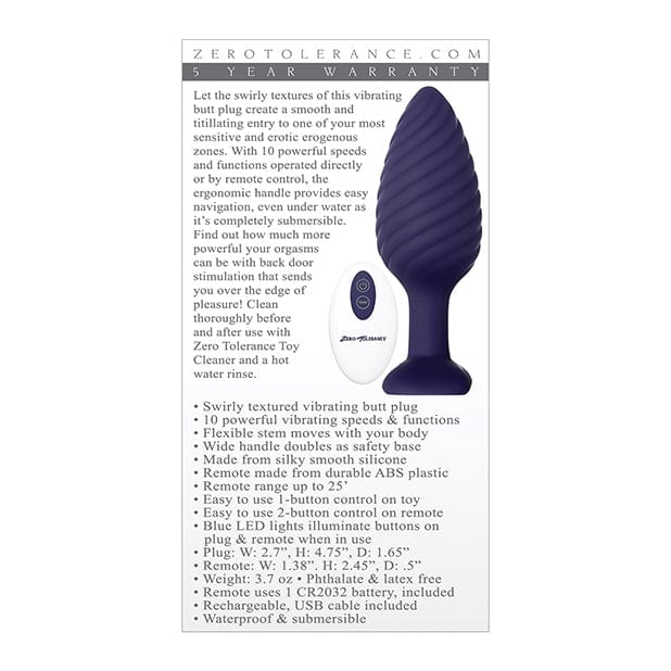 Zero Tolerance - Wicked Twister Remote Control Rechargeable Anal Plug (Purple) -  Remote Control Anal Plug (Vibration) Rechargeable  Durio.sg