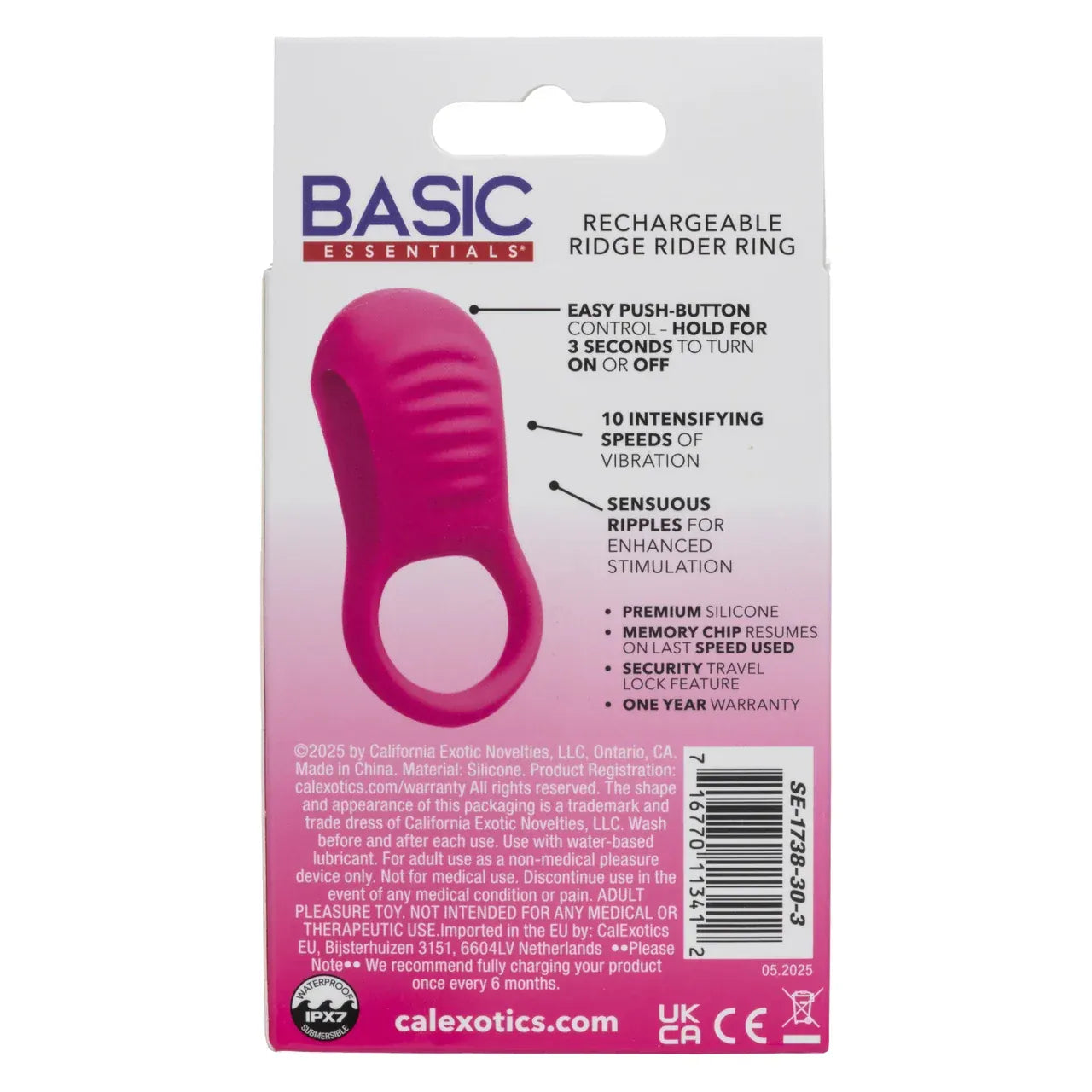 CalExotics - Basic Essentials Rechargeable Ridge Rider Cock Ring (Pink) CE2184 Durio.sg