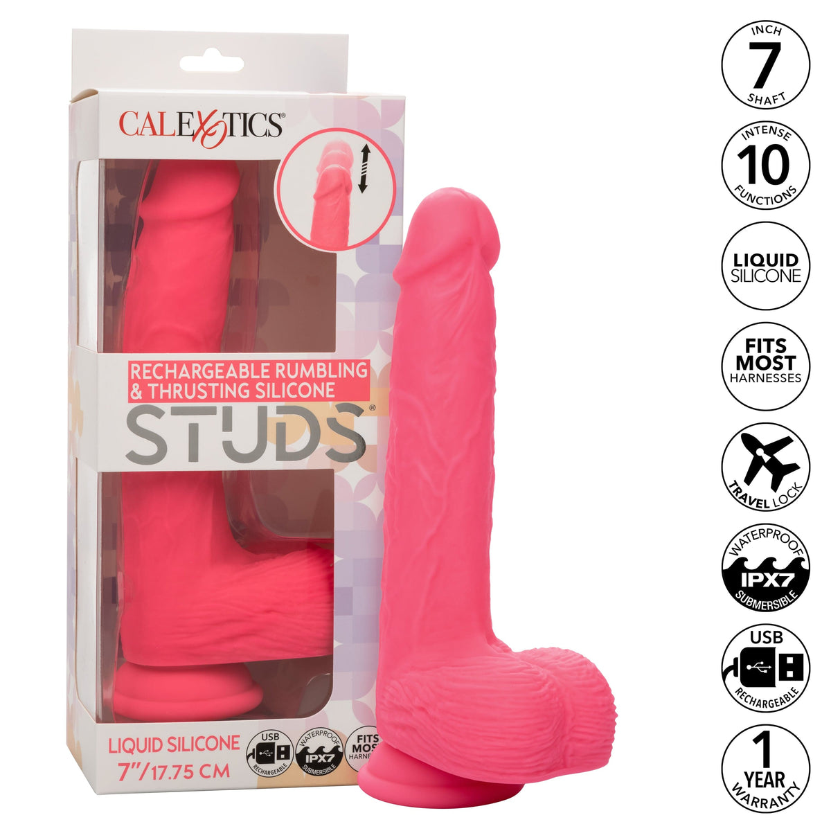 California Exotics - Rechargeable Rumbling and Thrusting Silicone Studs Realistic Dildo with Balls 9.5" (Pink) CE2046 Durio.sg