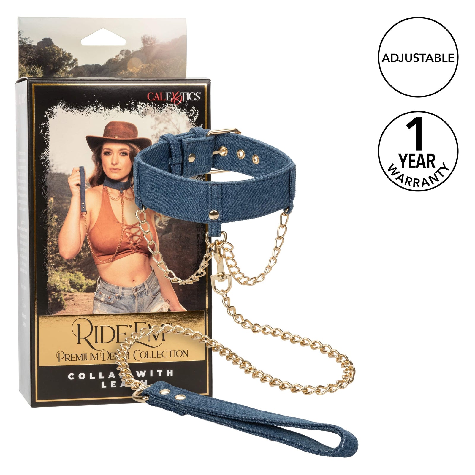 California Exotics - Ride 'em Premium Denim Collection Collar with Leash (Blue) CE2084 Durio.sg