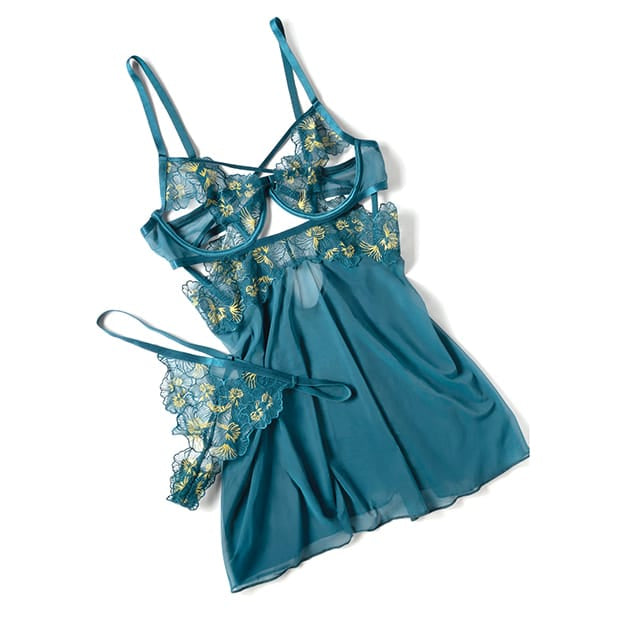 Oh La La Cheri - Daphne Lace and Mesh Babydoll with Embroidered Details and Crossing Elastics (Blue) Durio.sg