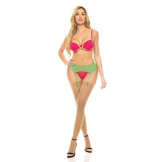 Pink Lipstick - Come to Me Bra Garter Belt and G String Neon Lingerie Set Durio.sg