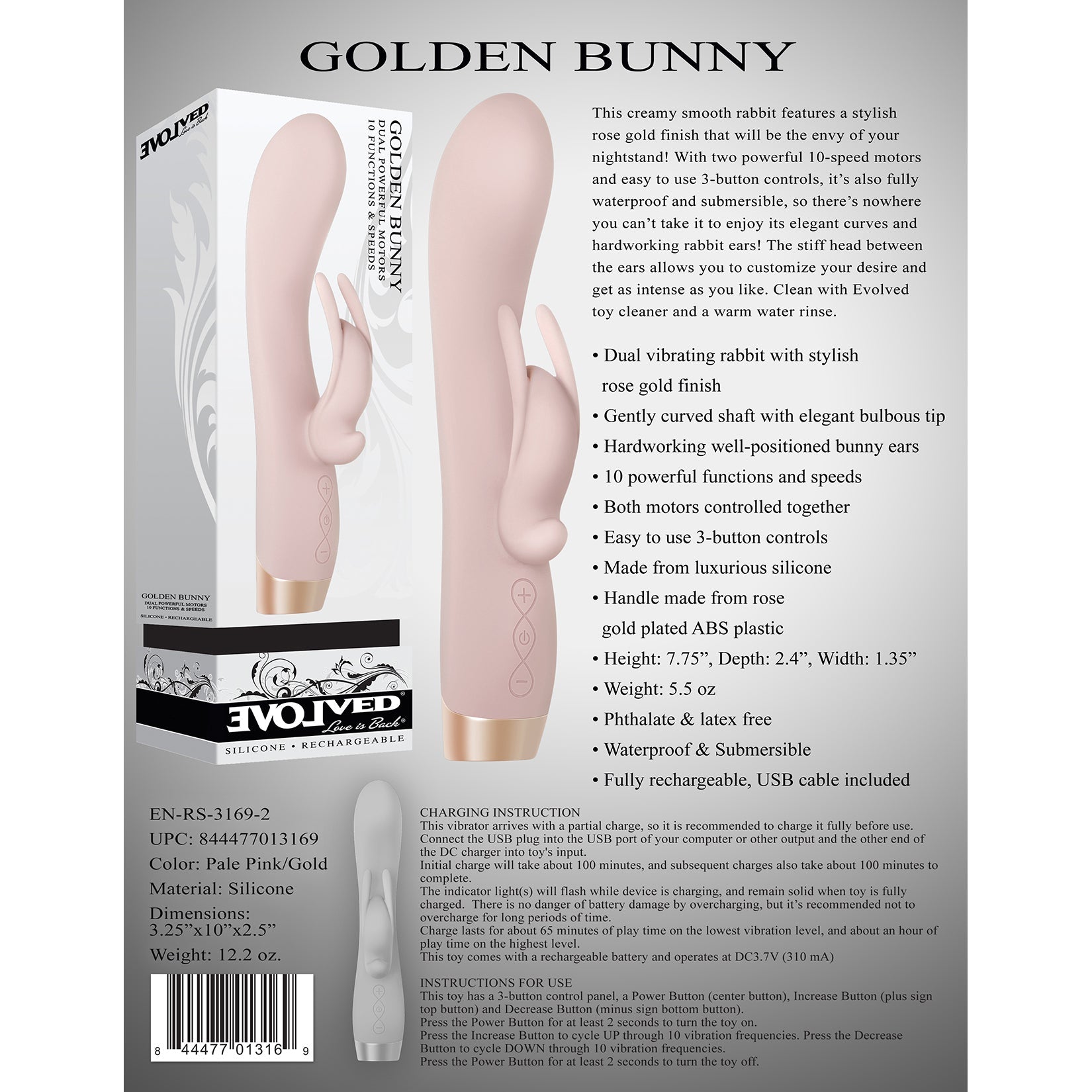 Evolved - Golden Bunny Dual Powerful  Rabbit Vibrator (Pink)