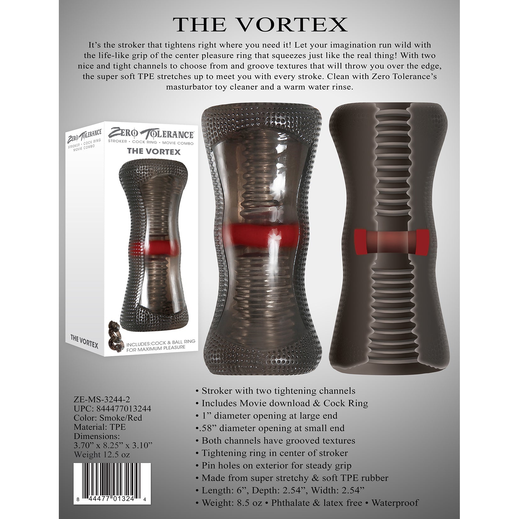 Zero Tolerance - The Vortex Soft Stroker with Vibrating Cock Ring (Black)