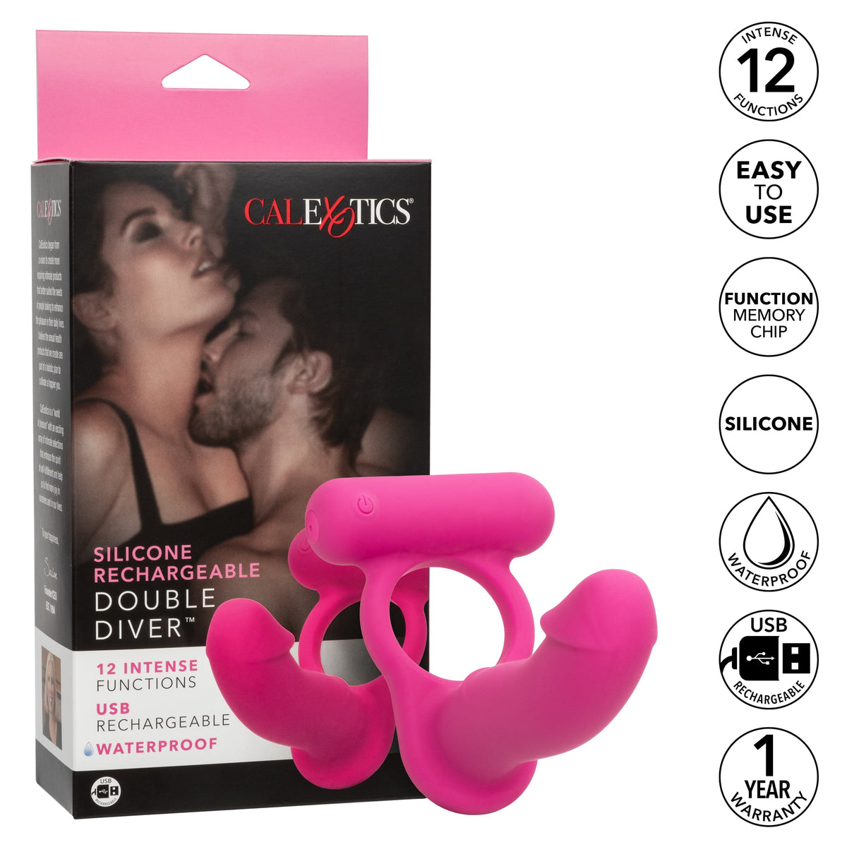 California Exotics - Silicone Rechargeable Double Diver Couple Cock Ring with Dildo (Pink) CE1997 Durio.sg